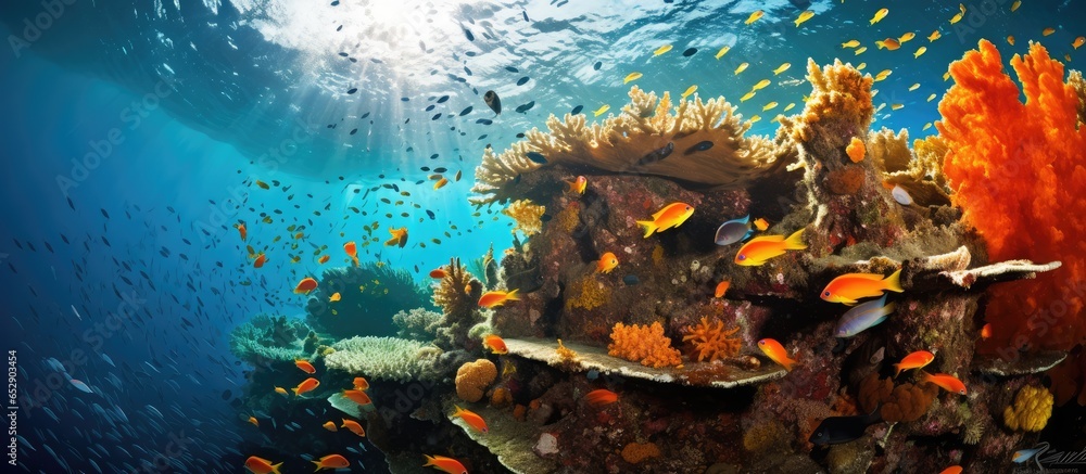 Colorful coral reef with numerous glass fish at the SS Yongala shipwreck in the Great Barrier Reef Australia