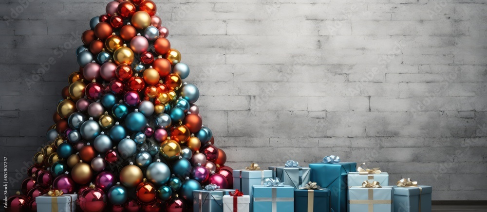 Colorful balls and gift boxes adorn a Christmas tree set against a white brick wall