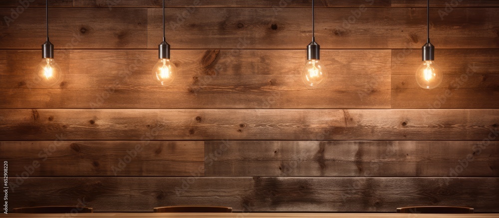 Contemporary eatery featuring rustic decor Interior adorned with old fashioned lighting and wooden wall accents