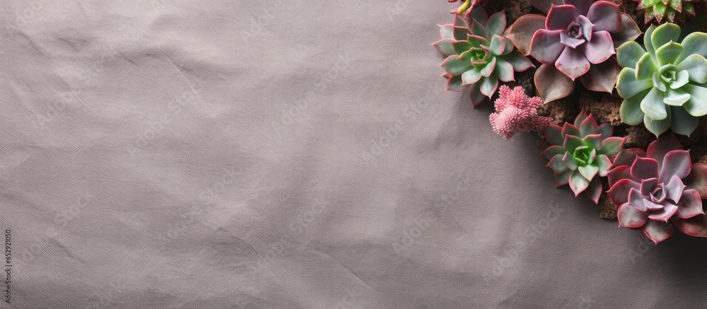 Linen backdrop featuring potted succulents Home decor and gardening inspiration Overhead perspective