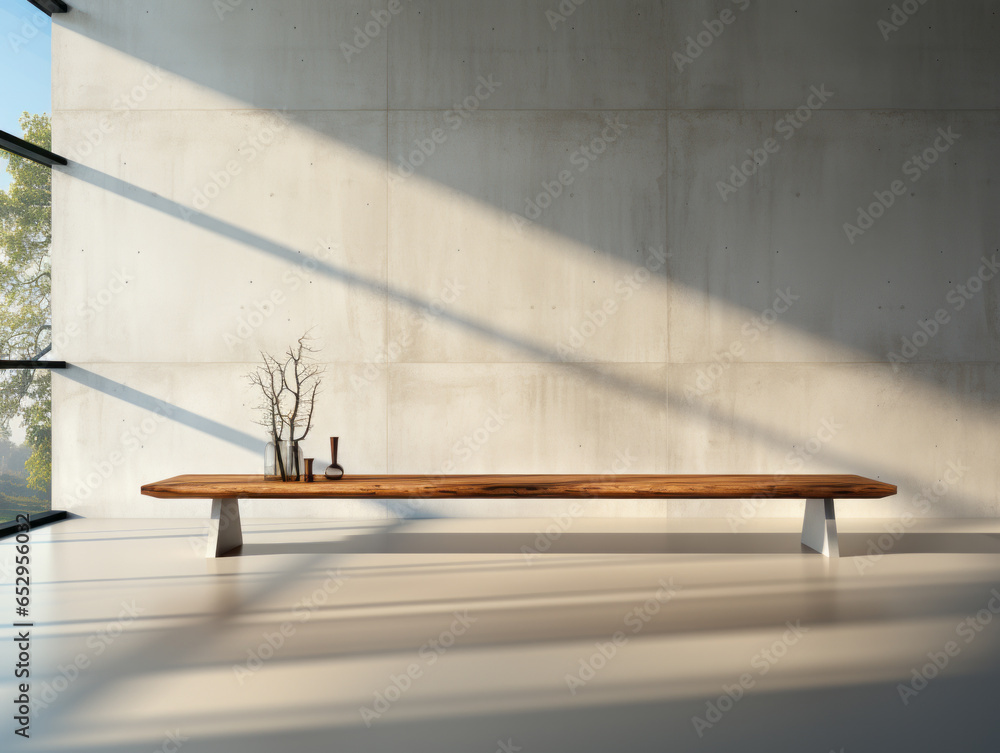 Wooden bench in modern gallery room with concrete walls and floor and window with sunlight. Generative AI