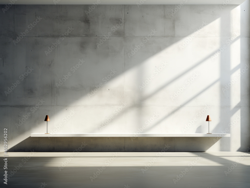 Minimalistic room interior with white shelf and sunlight. Generative AI