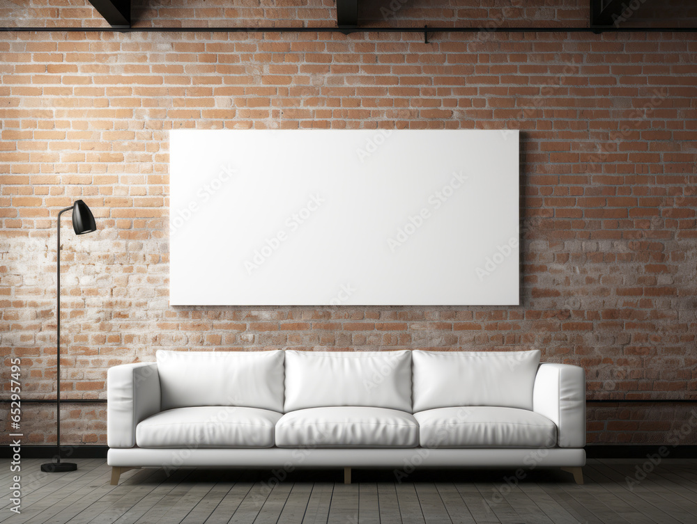 Interior of modern living room with brick wall, sofa and mock up poster. Generative AI