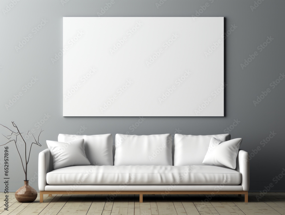 White sofa in modern living room with blank poster on wall. Generative AI