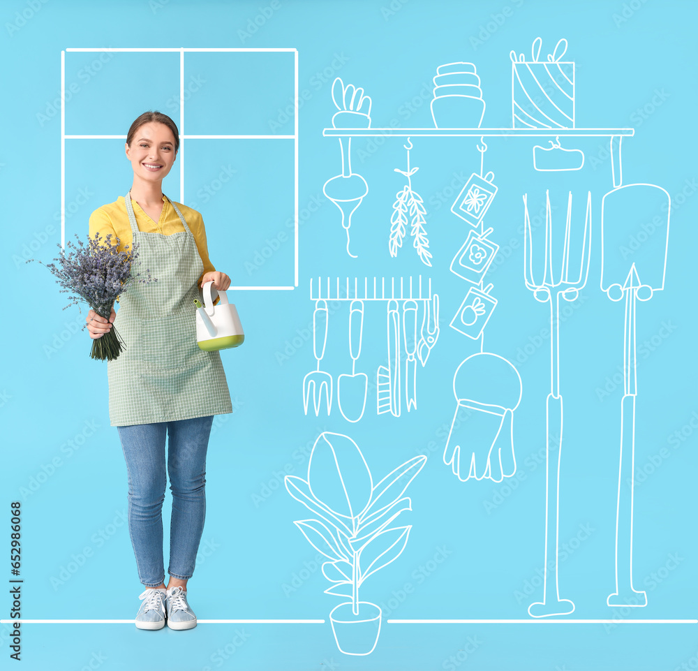 Female gardener with lavender and watering can on light blue background