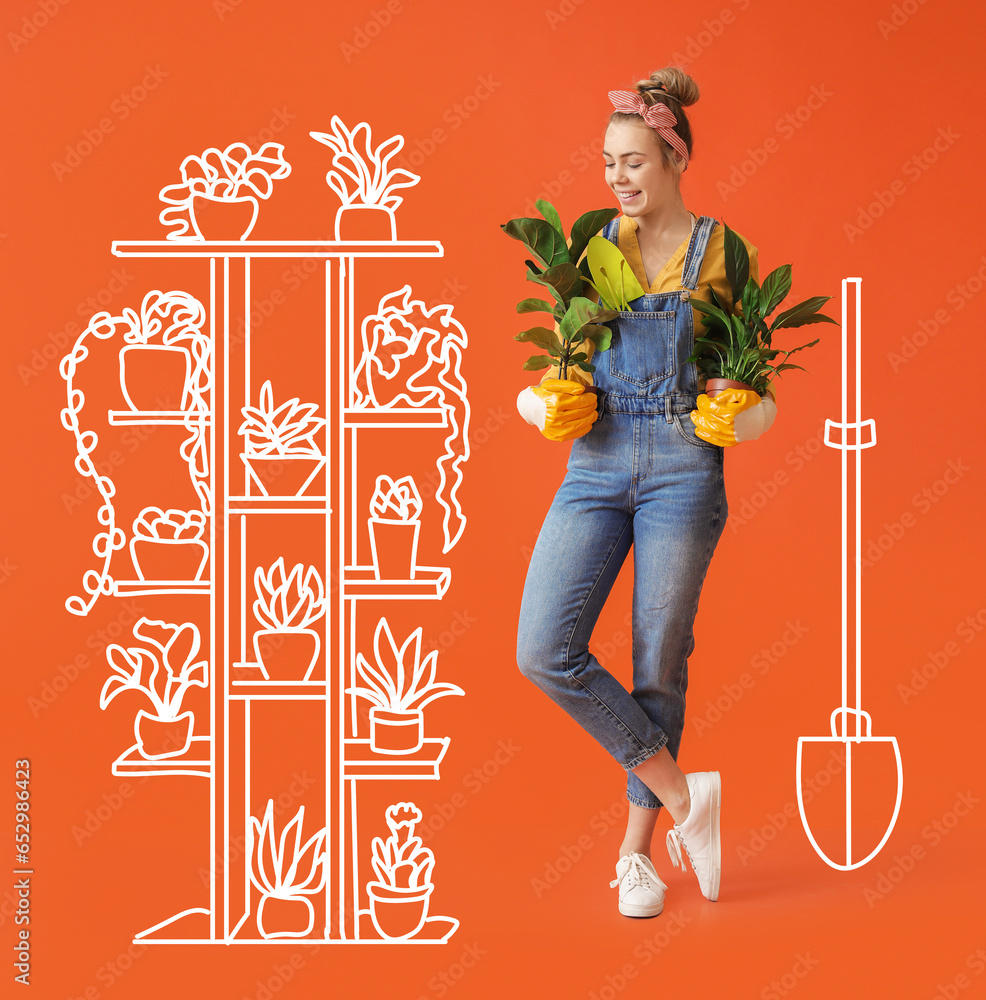 Young female gardener with houseplants on orange background