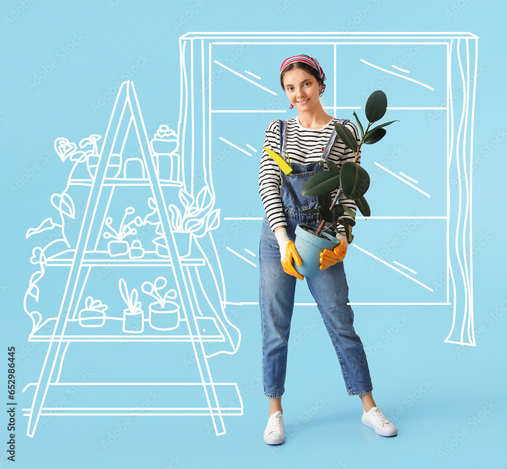 Young female gardener with plant on light blue background