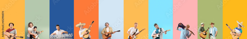 Set of people playing musical instruments and singing on color background