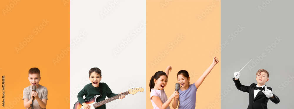 Set of children playing musical instruments and singing on color background