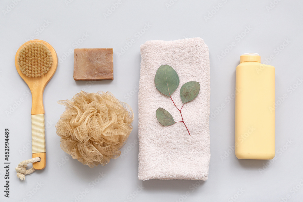 Composition with bath supplies on grey background