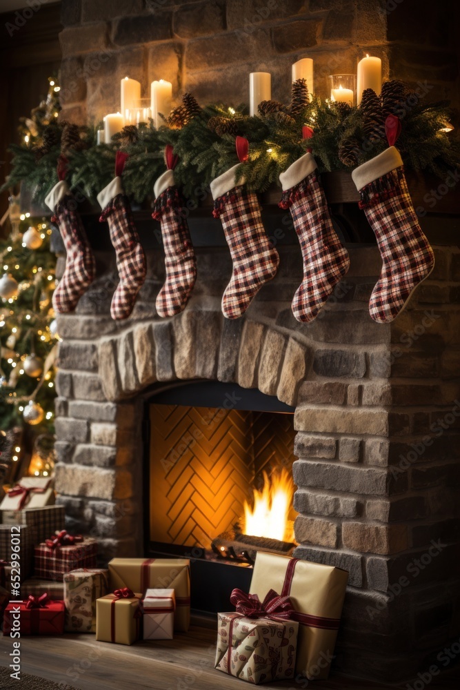 Cozy fireplace with stockings and decorations