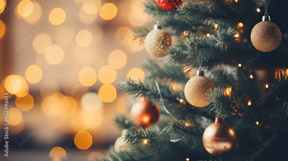 Festive lights and ornaments on Christmas tree