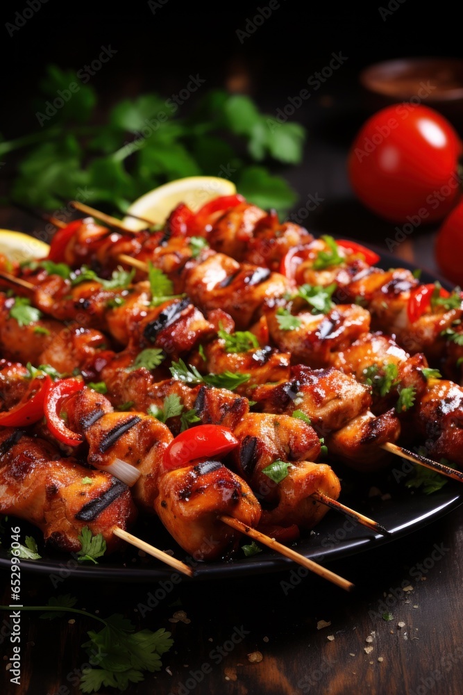 Juicy and grilled chicken kebab skewers.