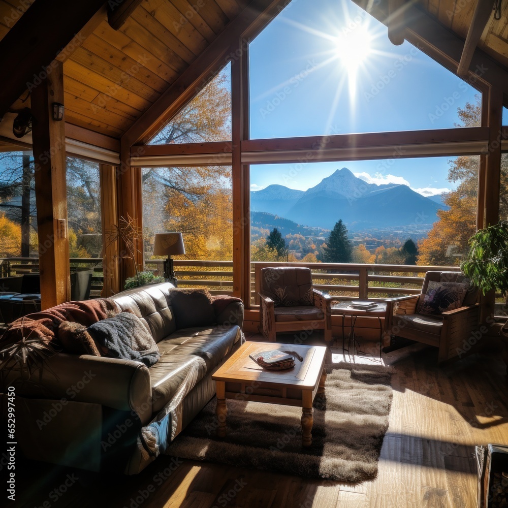 Mountain view from cozy log cabin retreat