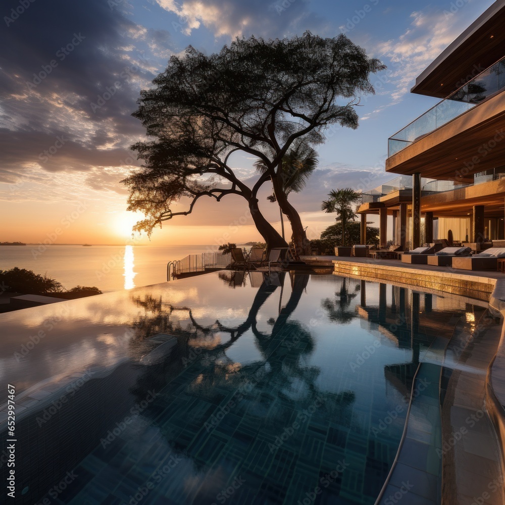 Infinity pool overlooking ocean at sunset.