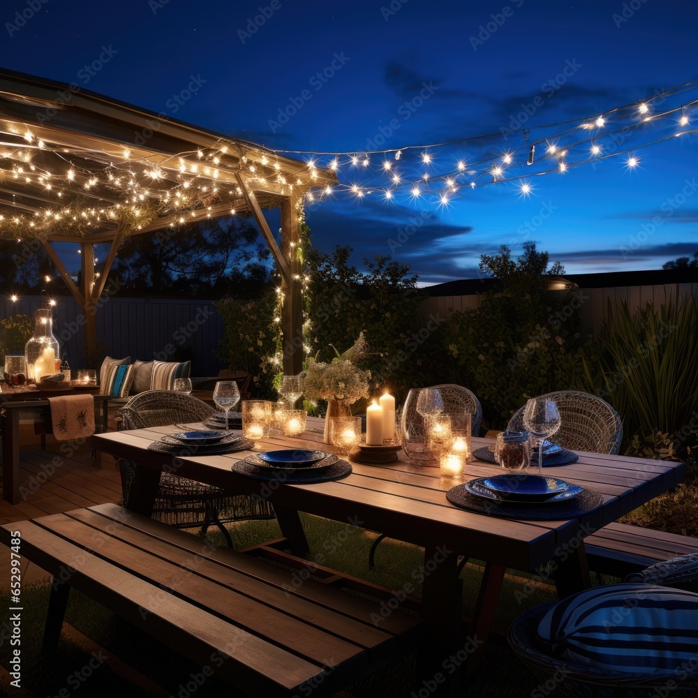 Outdoor dining under twinkling starry sky