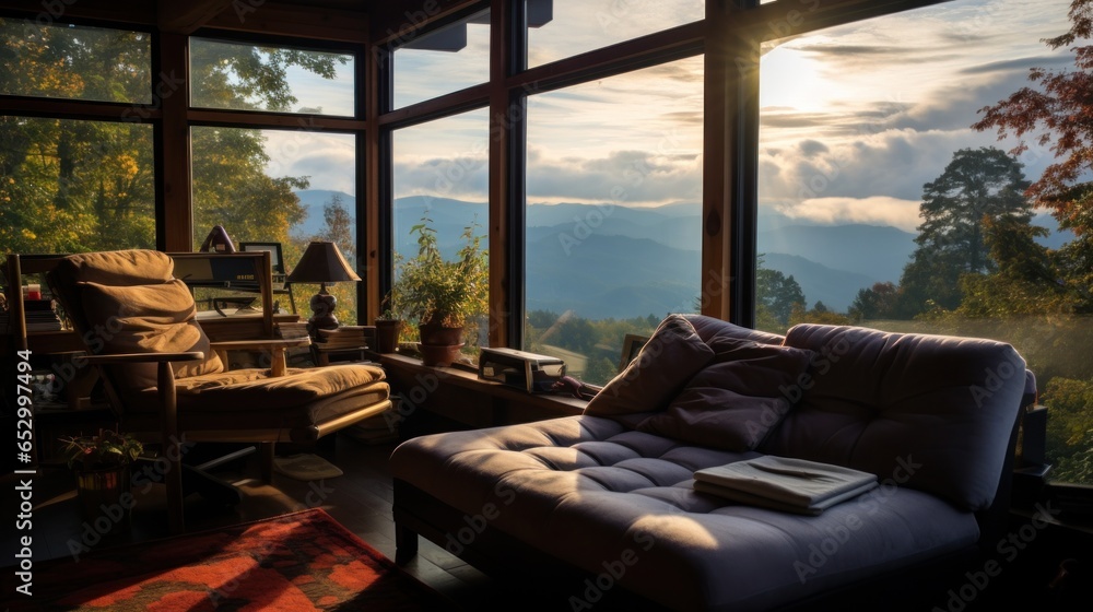 Mountain view from cozy log cabin retreat