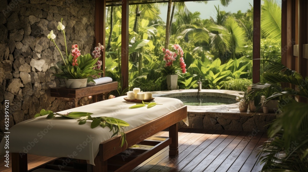 Spa treatment with tropical garden backdrop