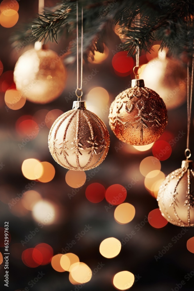 Festive lights and ornaments on Christmas tree