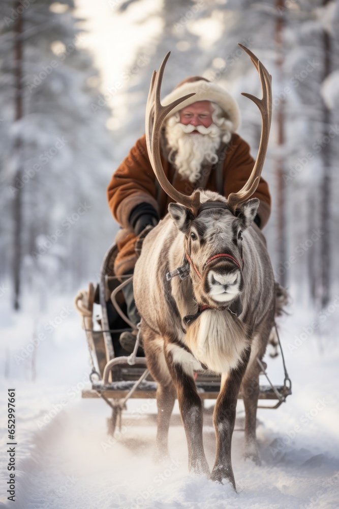 Santa Claus and his reindeer delivering presents