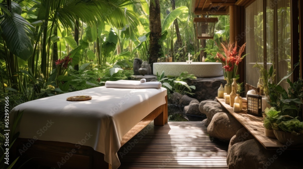 Spa treatment with tropical garden backdrop