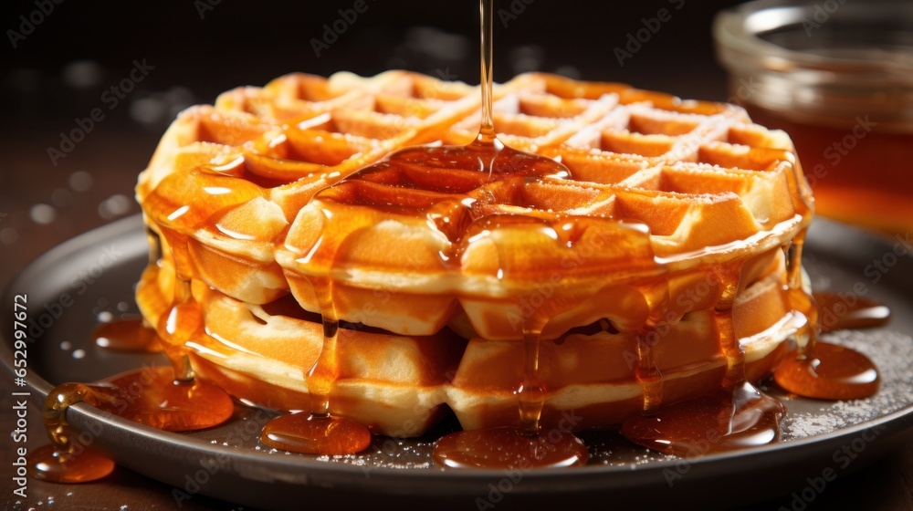 Classic and fluffy Belgian waffle with syrup