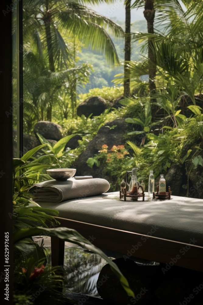 Spa treatment with tropical garden backdrop