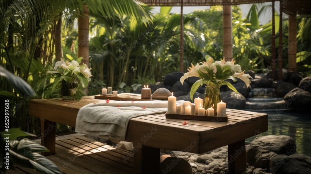 Spa treatment with tropical garden backdrop