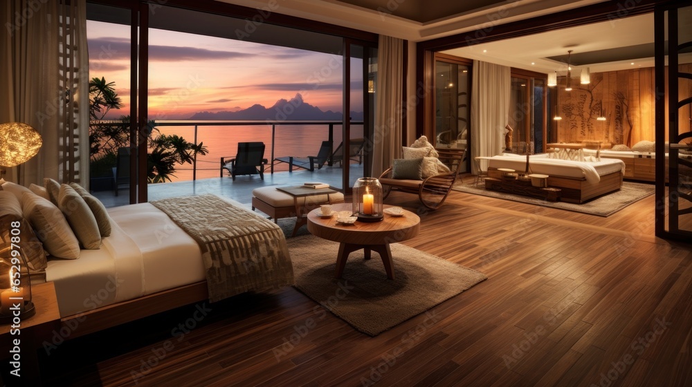 Luxurious bedroom with ocean view balcony