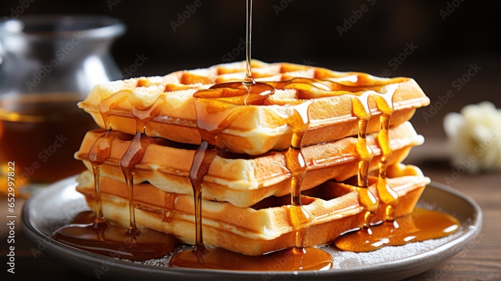 Classic and fluffy Belgian waffle with syrup