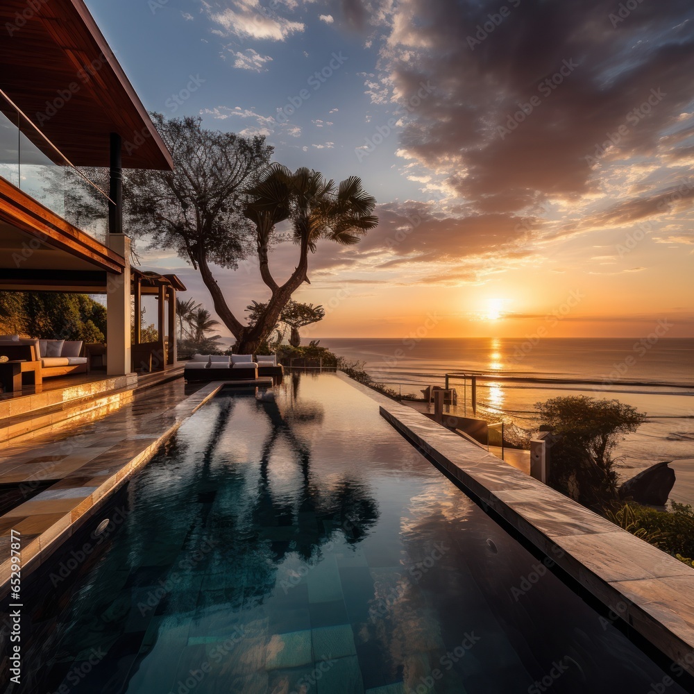 Infinity pool overlooking ocean at sunset.