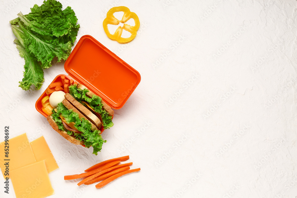 Cheese, vegetables and lunchbox with tasty food on white background