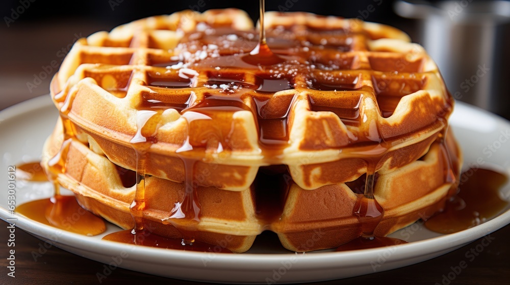 Classic and fluffy Belgian waffle with syrup