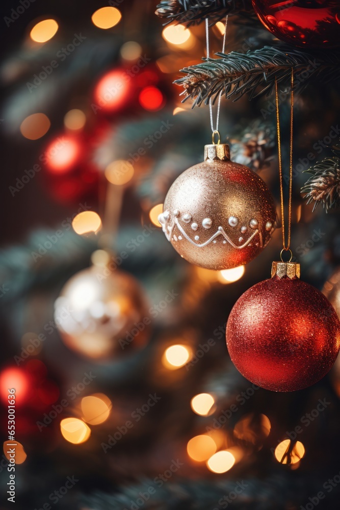 Festive lights and ornaments on Christmas tree