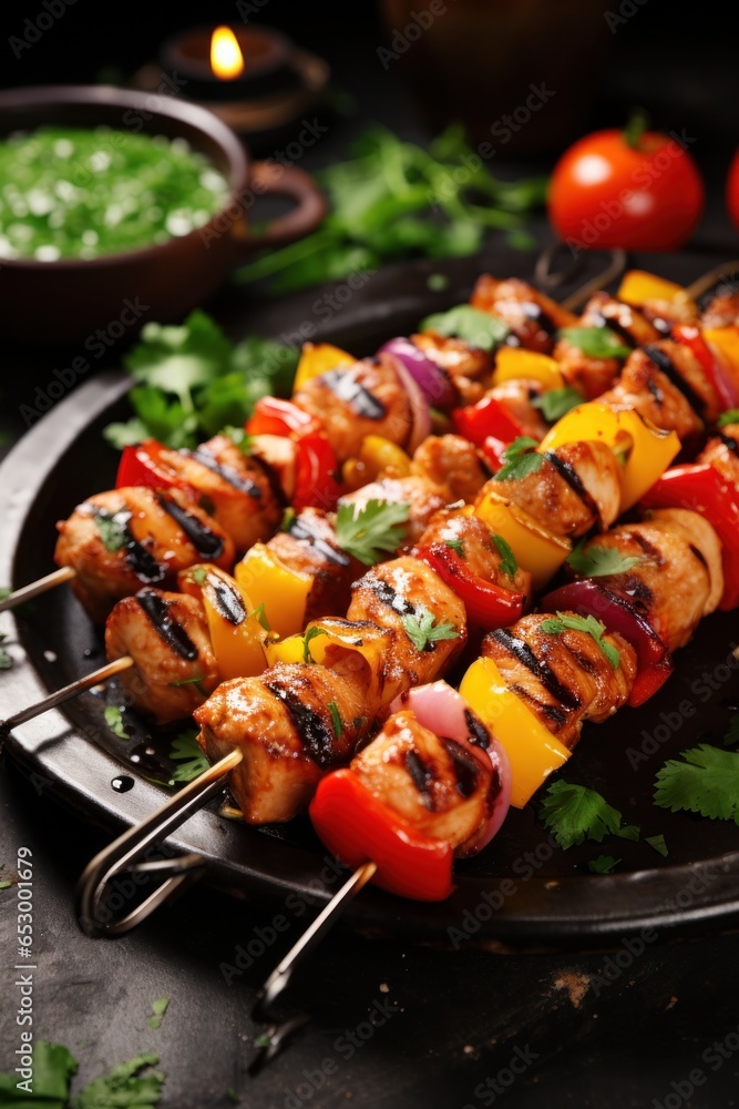 Juicy and grilled chicken kebab skewers.