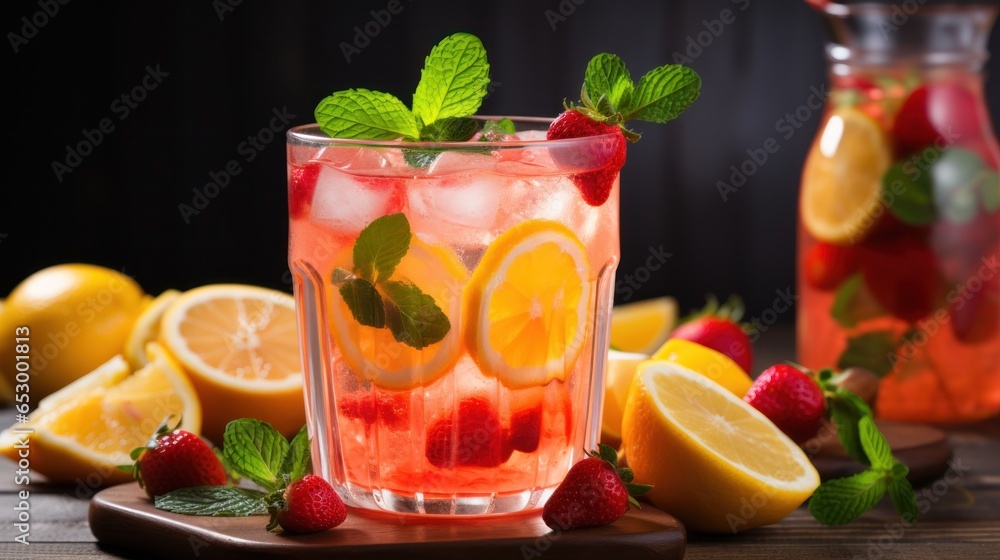 Icy and refreshing lemonade with sliced fruit