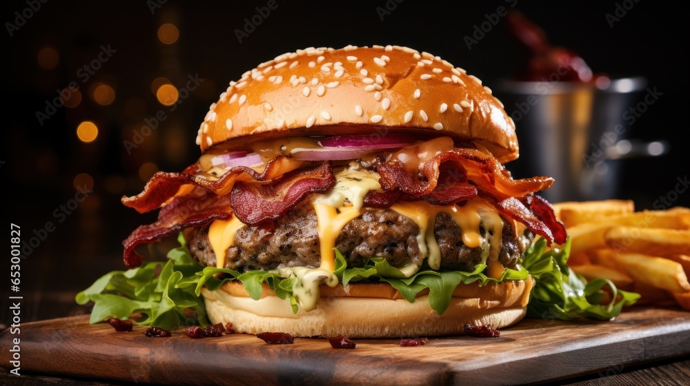 Delicious burger with melted cheese and bacon