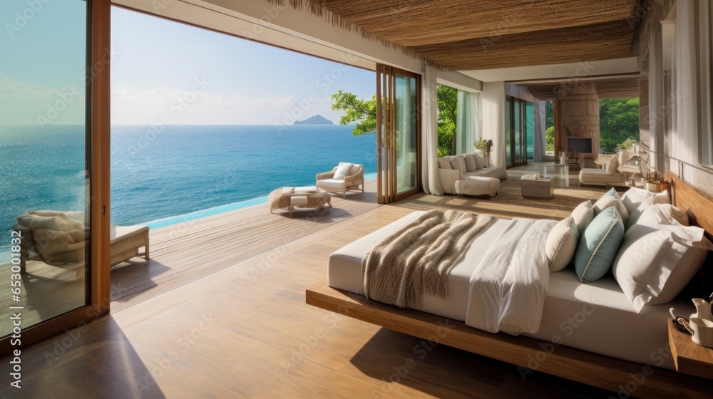 Luxurious bedroom with ocean view balcony