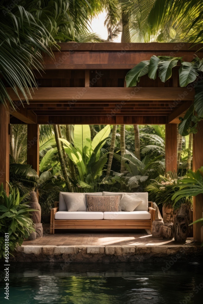 Stylish poolside cabanas with lush tropical foliage.