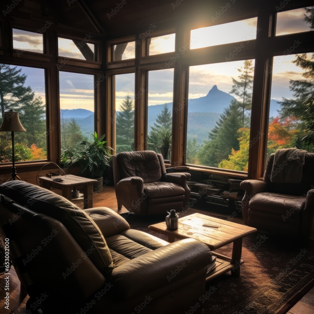 Mountain view from cozy log cabin retreat