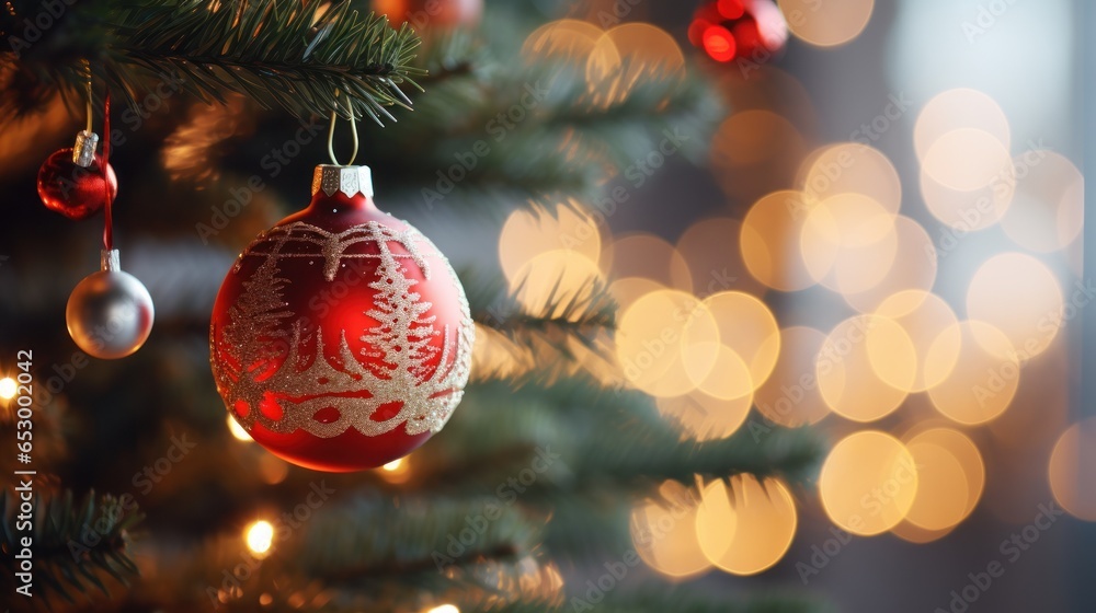 Festive lights and ornaments on Christmas tree