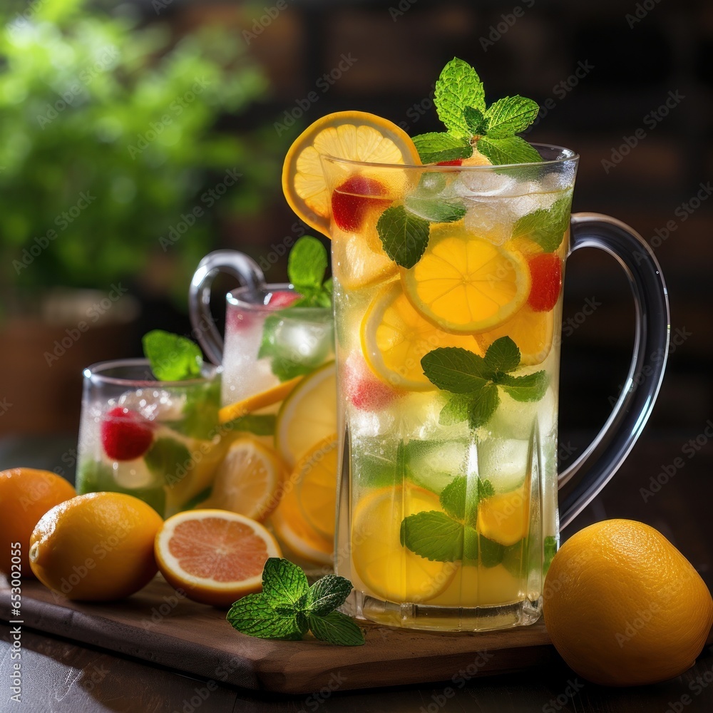 Icy and refreshing lemonade with sliced fruit