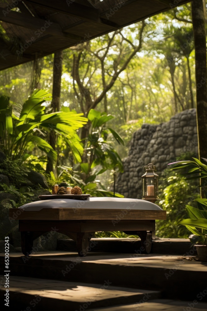 Spa treatment with tropical garden backdrop