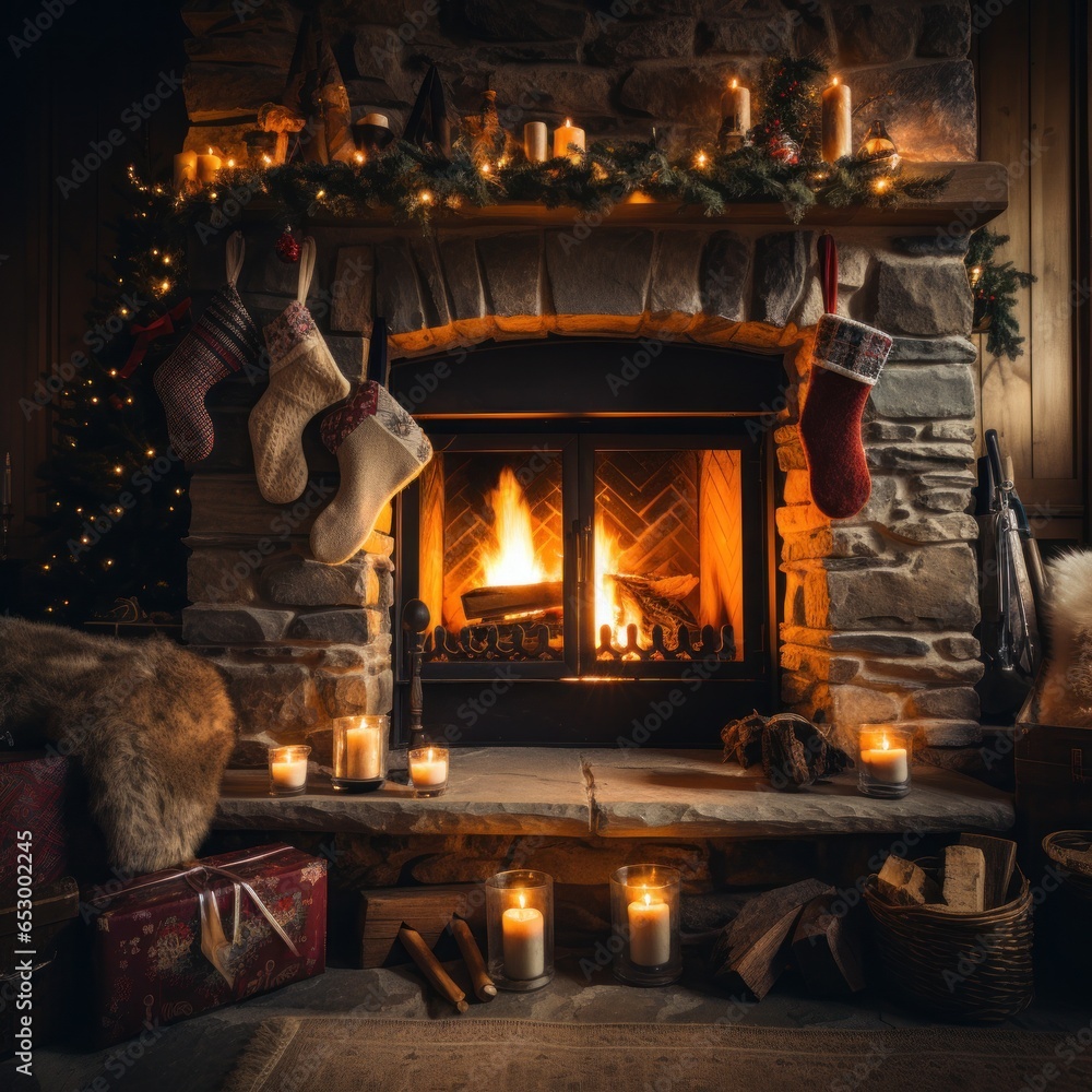 Cozy fireplace with stockings and decorations