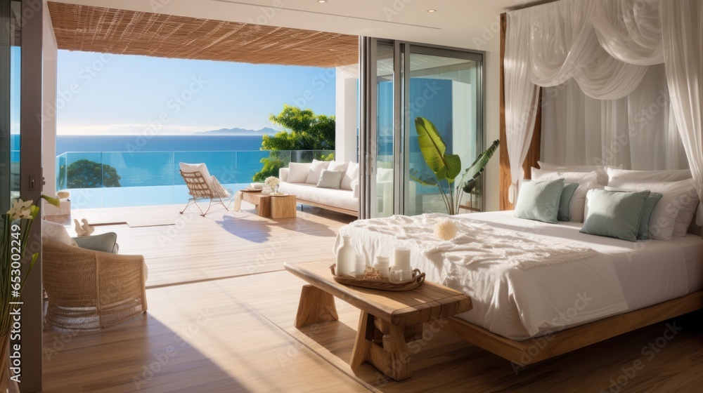 Luxurious bedroom with ocean view balcony