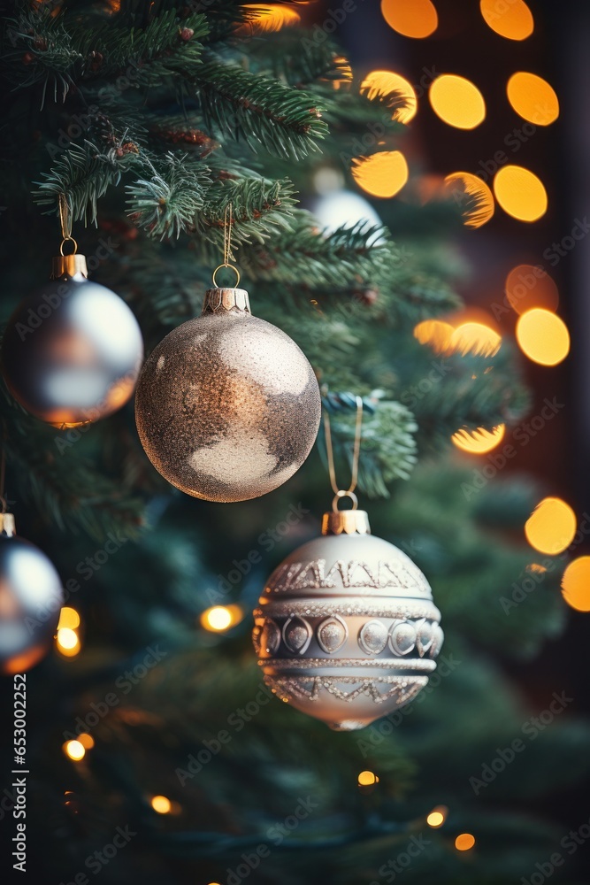 Festive lights and ornaments on Christmas tree