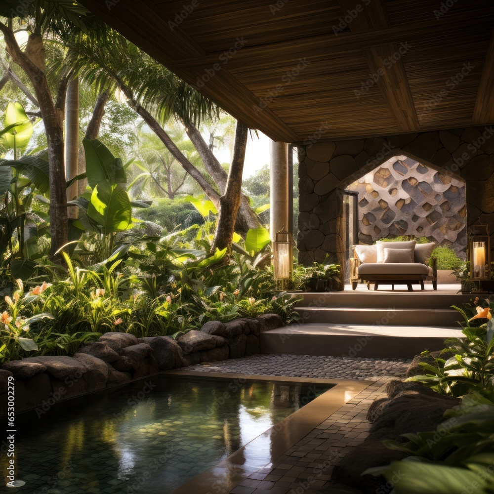 Spa treatment with tropical garden backdrop