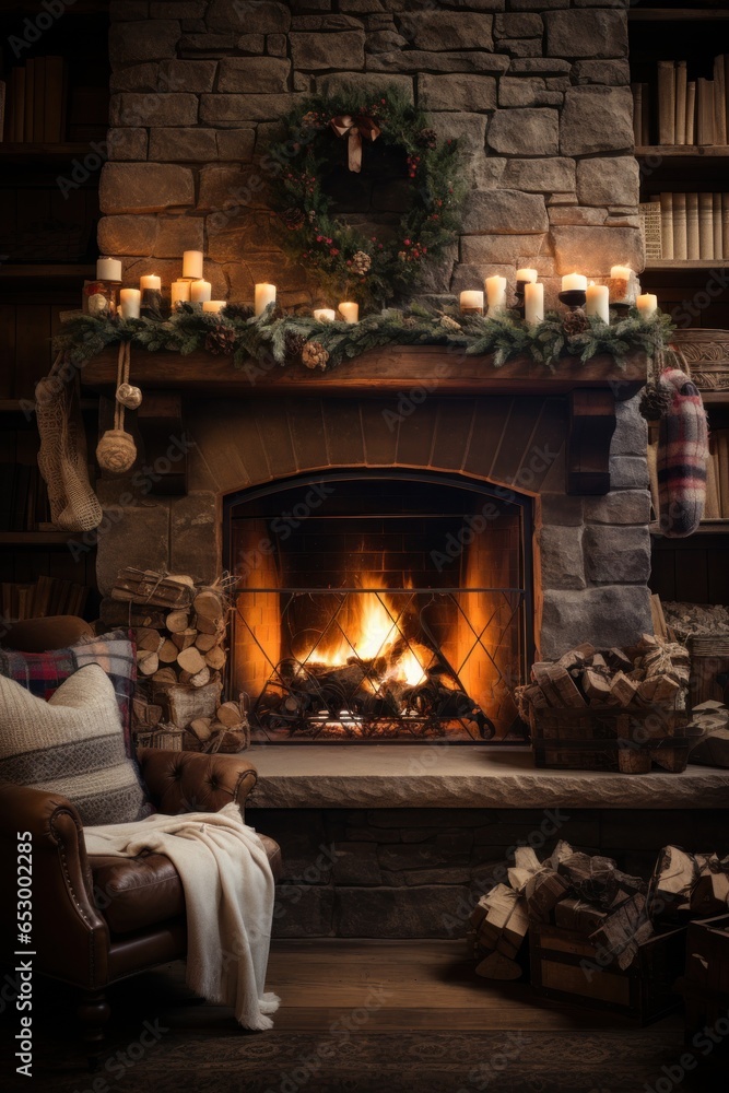 Cozy fireplace with stockings and decorations