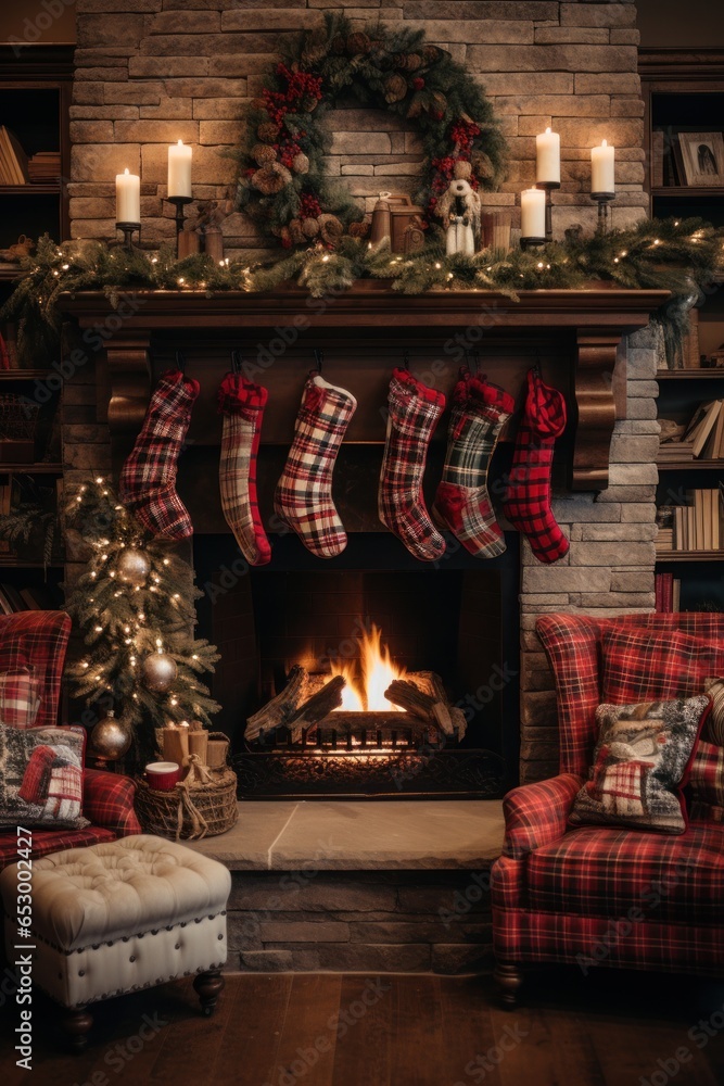 Cozy fireplace with stockings and decorations