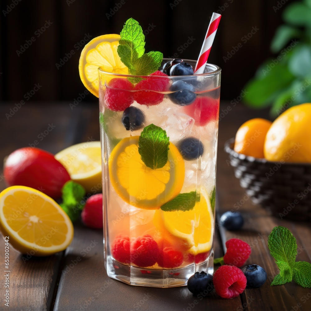 Icy and refreshing lemonade with sliced fruit